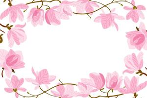Pink magnolia flowers on branches forming a frame in hand drawn style. Represents spring, elegance and floral beauty concept with space for text vector