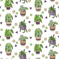 Seamless pattern with hand drawn potted houseplants and geometric shapes on white background. Home decor and botanical lifestyle concept in playful minimalist style vector