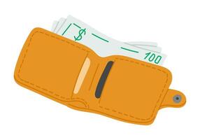 Open wallet with visible cash and stitched detailing in flat cartoon style. Finance and personal money management concept in simple hand drawn design vector