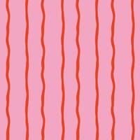 Seamless pattern with hand drawn wavy vertical stripes in red on pink background. Romantic textile and wedding decor concept in minimal and elegant style vector