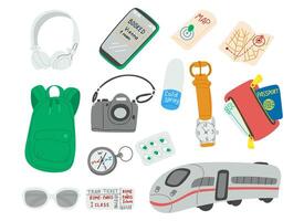 Travel essentials doodle set with backpack, passport, train, maps, and accessories. Vacation and journey preparation concept in colorful hand drawn style vector
