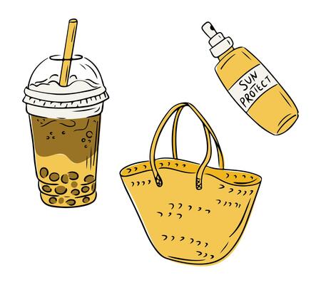 Summer essentials including a cold bubble tea, straw bag and sunscreen bottle hand drawn in simple flat style. Concept of vacation, relaxation and sunny lifestyle accessories