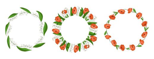 Three round floral wreaths made of red poppies and white lily of the valley on white background. Botanical decoration and seasonal frame concept in flat hand drawn style vector