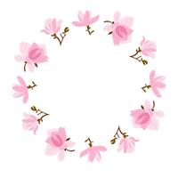 Magnolia flower wreath in soft pink tones arranged in a circular frame. Romantic floral decoration and spring botanical concept in elegant hand drawn style vector