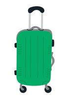 Green rolling suitcase with extended handle in simple flat style illustration. Travel and mobility concept representing vacation, journey or airport transport vector
