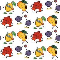 Seamless pattern of funny summer fruits with human faces playing on the beach hand drawn in vibrant colors. Concept of vacation, joy and tropical fruit character fun vector