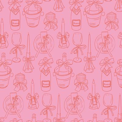 Romantic seamless pattern with wine glasses, candles, plates and gift bows in hand drawn style. Represents wedding, celebration and festive table setting concept