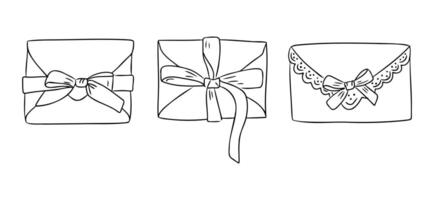 Set of three decorative envelopes with ribbons and bows in black and white. Celebration and gift-giving concept in elegant hand drawn style vector