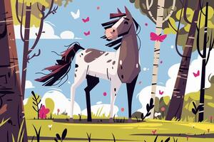 illustration of a spotted horse standing in a sunny forest with butterflies and trees around. Vibrant, colorful, and playful cartoon style design for children or nature themes. vector
