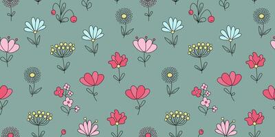 Pattern abstract brightly colored flowers, berries, leaves. Floristic set of simple drawings of plants, doodle. Repeating background. vector