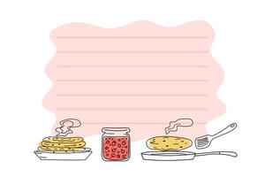 Cooking recipe baking, pancakes, blank background. Icon set, drawing, doodle. Frying pan, plate with food, jam in jar. Background with space for text. vector