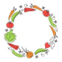Frame, border with set of vegetables, line drawing, doodle. Vegetarian natural food. Line art icons. Healthy food. Blank background with space for text. vector
