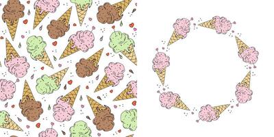 Pattern and frame, ice cream, space for text. Drawings, drawing of ice cream. Food, dessert. Multicolored ice cream in a waffle cone. Hand drawn line icon. Seamless repeating background. vector