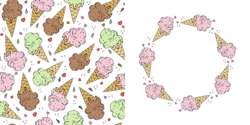 Pattern and frame, ice cream, space for text. Drawings, drawing of ice cream. Food, dessert. Multicolored ice cream in a waffle cone. Hand drawn line icon. Seamless repeating background.