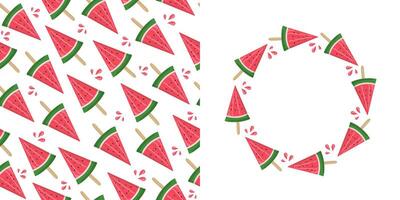 Watermelon, ice cream. Set seamless pattern, frame round with hand drawn watermelon, natural food. Slices of juicy watermelon. Repeating summer background. Place for text. vector