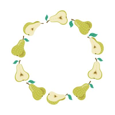 Pear, hand drawn cartoon fruit. Round frame with space for text. Banner, halves and whole fruity with leaves, natural vegetarian food, garden crop, harvest. Drawing, illustration, isolated background.