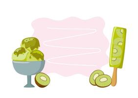 Fruity ice cream on a stick. Fruity halves, slices. Background for recipe, menu. Kiwi ice cream balls with sauce in a cup. Cold summer dessert, ice. Cooking. Poster with space for text. vector