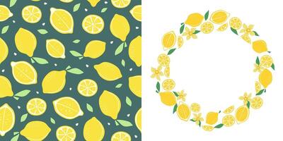 Lemons pattern, drawing fruits. Wreath, frame, template. Summer seamless background. Citruses, food. Flat style, print for textile, fabric, paper, wallpaper, packaging. Place for text vector