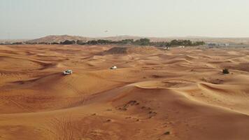 Cars drive off-road on the red sand dunes of the desert with sparse vegetation among the sand, drone - vegetation photo
