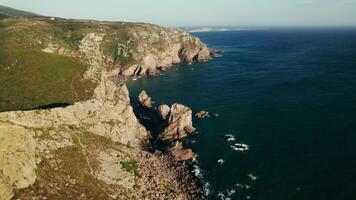 Bird's-eye view of the sea with rocks on the shore, the tops of which are covered with grass photo