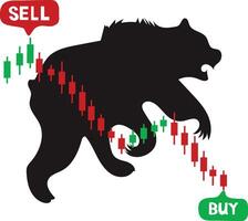 A bear is shown with a stock market and sell and buy arrows vector
