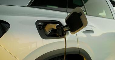 A white electric car on a charge, close-up of the cable in the connector - connector photo
