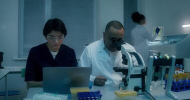 Work in a medical laboratory. A man uses a microscope to perform a blood test. Woman typing on laptop sitting next to him photo