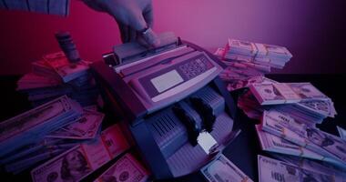 The calculating machine counts a stack of dollar bills. Bundles of money are lying around on the table - counts photo