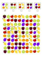 Activity worksheets for kids education with many exercises. Logic games with fruits. Puzzles. vector
