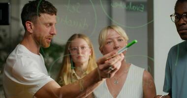 A group of young people of different nationalities are talking standing near a glass board with notes. Business planning. Daylight - Business photo