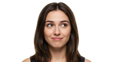 Curious Young Caucasian Woman with Subtle Smile Looking Up, Isolated on White Background for Advertisement Use photo
