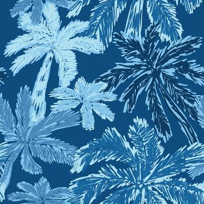 Blue tropical palm tree seamless pattern. Summer beach print. Hand drawn botanical sketch, cute palm leaves and exotic forest. Textile design, fashion, fabric, wallpaper, repeat background.