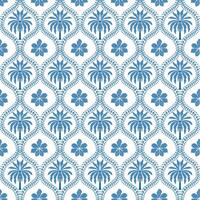 Blue tropical damask seamless pattern. Hand drawn palm tree, floral jungle geometry ornament for textile, wallpaper, repeat background. Summer beach print design with cute curve botanical lines vector
