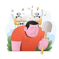 Sad character of man with shovel and cheerful robots at office desks. Concept of replacing intellectual work with technologies. vector