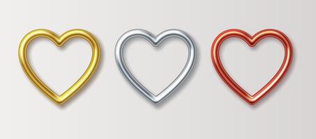 Metal 3D frames in the shape of a heart. Design elements for the wedding or St. Valentine isolated on a light background. Golden, silver and bronze hearts. vector