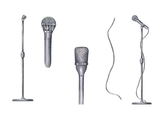 Watercolor two silver microphone types, stand, cable and complete setup illustration isolated background. Concert sound accessory in monochrome style for music studio branding, concert posters