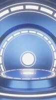 Modern and futuristic podium product display in blue and glowing color and blue background 3d rendering video