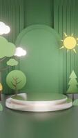 3D animation paper craft nature style background with tree and sun, green stage podium portrait background, platforms for product presentation video
