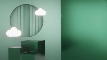 Simple 3d podium with green background and curtain for product display or online sales program gift video