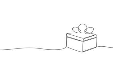 Continuous one line banner drawing of gift box with bow. Surprise, festive element. One line art illustration vector
