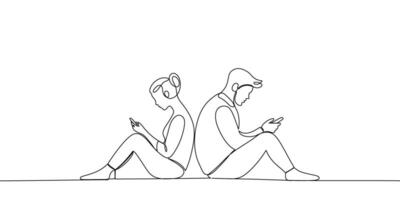 Banner continuous line man and woman sitting and communicating via smartphone, internet. Internet addiction concept. Virtual communication. linear illustration, art vector