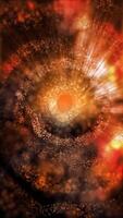 uma vermelho, esfumaçado espiral galáxia gira, suavemente mudando perspectiva, enviando impressionante ondas para dentro espaço. video