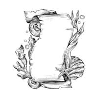 Papyrus rolled scroll with jagged edges, space for text with corals, shells, starfish, sea sponges, algae, bubbles. Graphic illustration, hand drawn with black ink. Template, vertical frame, board EPS vector