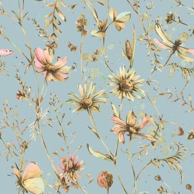 Hand-painted seamless floral pattern with wild herbs, butterflies, and dragonflies on blue background. Watercolor design ideal for textile, wrapping paper, vintage decor, and spring compositions