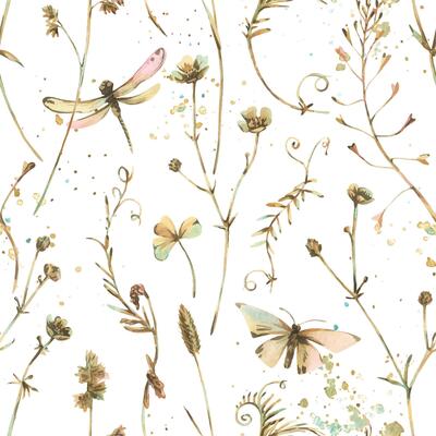 Seamless botanical pattern with wild herbs, dragonflies, and butterflies. Soft watercolor style, perfect for eco-designs, wrapping paper, wallpapers, and fabric with a natural countryside feel.