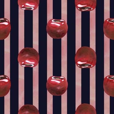 Red ripe cherries individual berries. Watercolor hand drawn illustration on the theme of fruits, food and desserts. Seamless pattern, ornament on a dark blue background with pink stripes