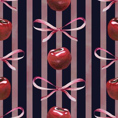 Red ripe cherries individual berries with bows. Watercolor hand drawn illustration on the theme of fruits, food and desserts. Seamless pattern, ornament on a dark blue background with pink stripes