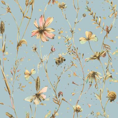 Seamless watercolor floral pattern with wildflowers, herbs, and butterflies on a soft blue background. Hand-painted delicate design perfect for fabric, wallpaper, stationery, and romantic projects