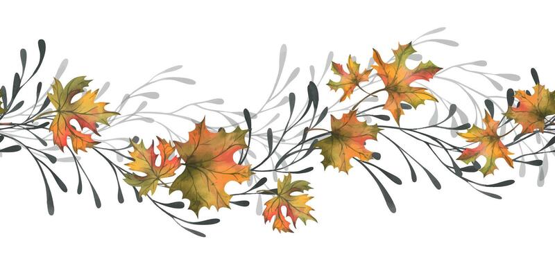 Autumn maple leaves are orange with graceful black branches. Hand drawn watercolor illustration. seamless pattern, border isolated from background Thanksgiving, Harvest, Halloween
