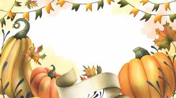 Orange autumn pumpkins with maple leaves, flags garland and twigs. Watercolor illustration, hand drawn. Horizontal frame, template for text rectangular isolated from background Thanksgiving, Harvest vector
